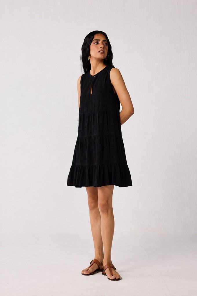 Embroidered Everyday Sleeveless Short Tiered Dress in Black from Reistor