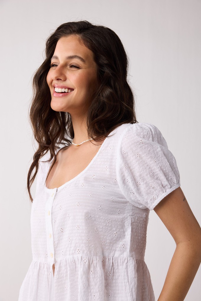 Embroidered Peplum Top with Puff Sleeves in White from Reistor