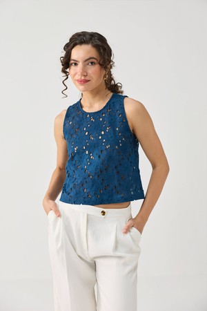 The Embroidered Button Back Top in Blue from Reistor
