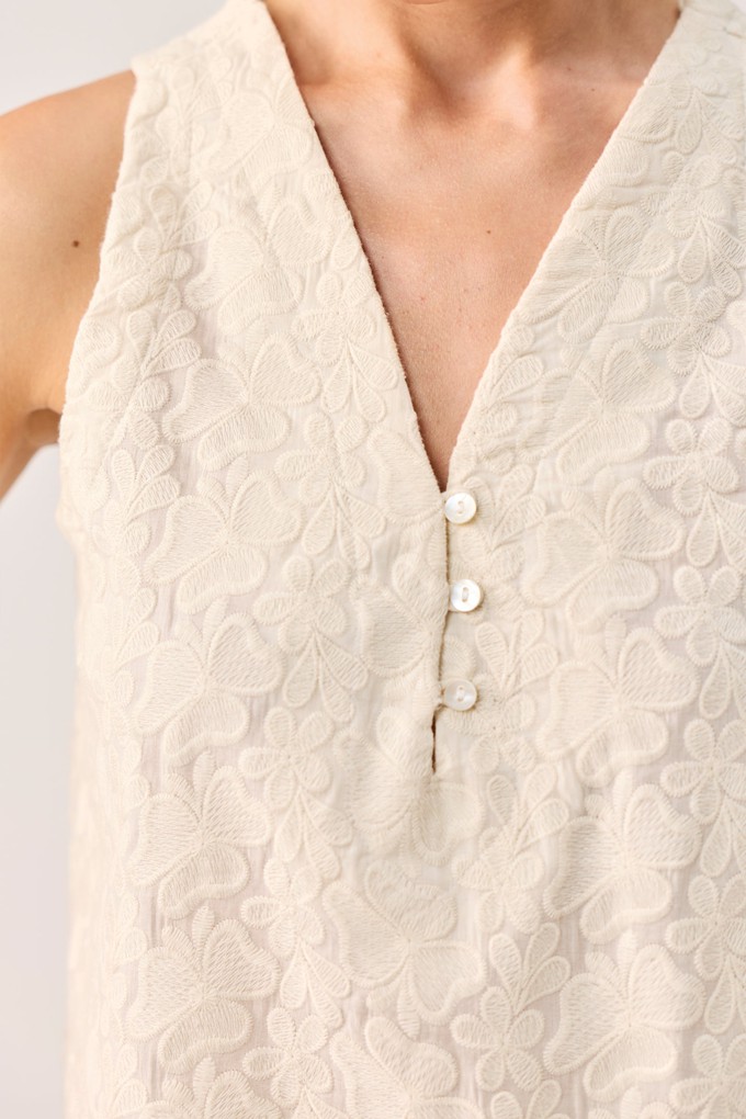 Embroidered Button Front Neck Top in Cream from Reistor