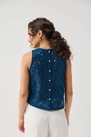 The Embroidered Button Back Top in Blue from Reistor