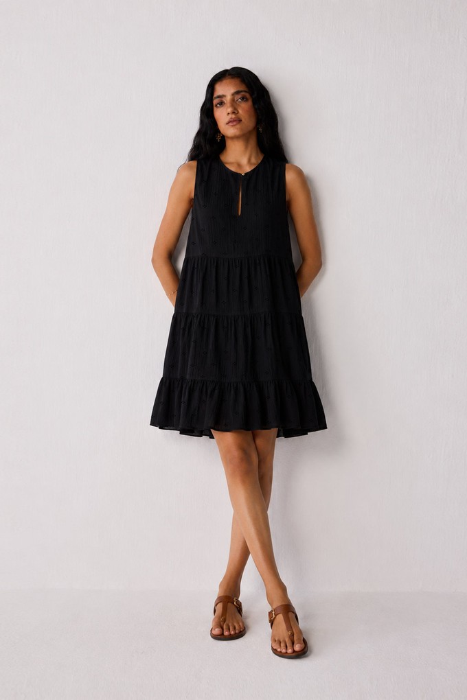 Embroidered Everyday Sleeveless Short Tiered Dress in Black from Reistor