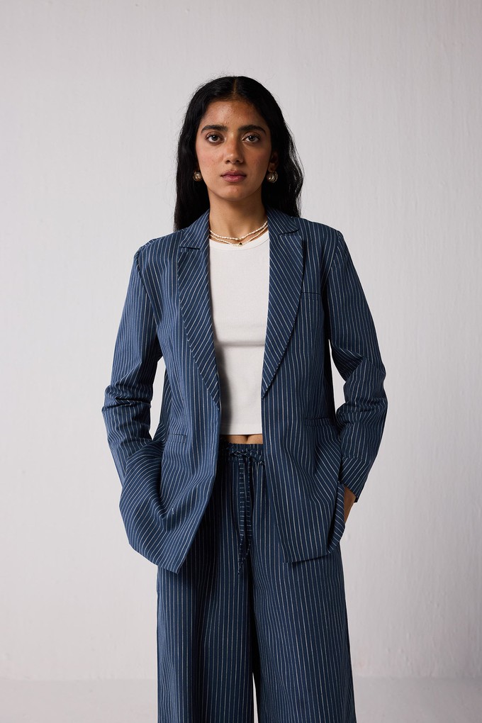 Weekday Blazer and Wide-leg Drawstring Pants Set in Blue Stripes from Reistor