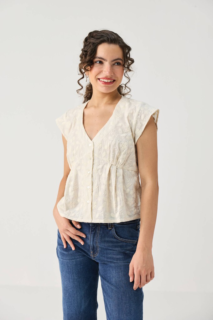 Embroidered Deep V Neck Top in Cream from Reistor
