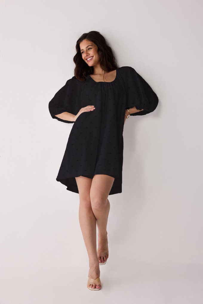Puff Sleeved Dress with Drawstring Neckline in Black from Reistor