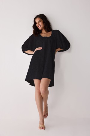 Puff Sleeved Dress with Drawstring Neckline in Black from Reistor