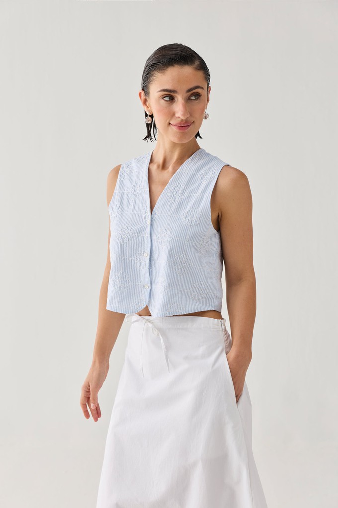 Embroidered Sleeveless Vest Top in Blue Stripe from Reistor