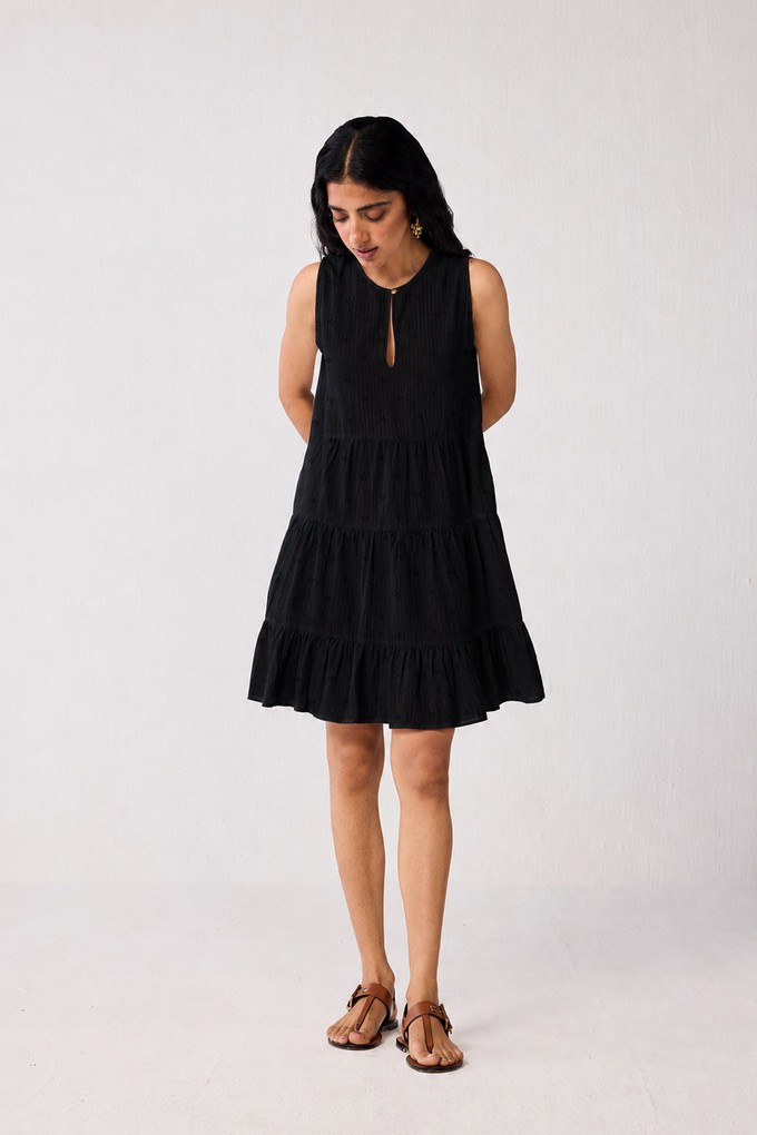 Embroidered Everyday Sleeveless Short Tiered Dress in Black from Reistor