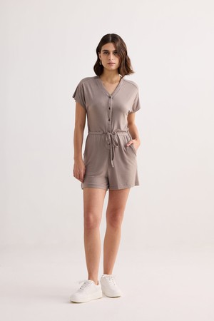 V-neck Drawstring Knit Romper in Earth Grey from Reistor