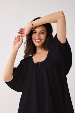 Puff Sleeved Dress with Drawstring Neckline in Black from Reistor