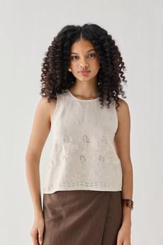The Embroidered Button Back Top in Checkered Linen via Reistor