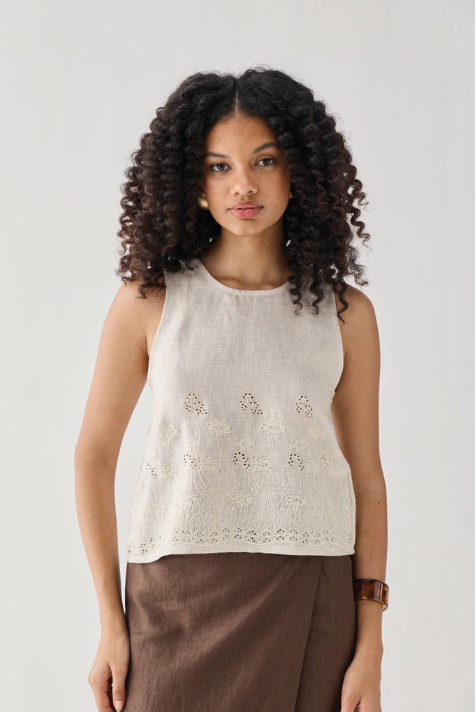 The Embroidered Button Back Top in Checkered Linen from Reistor