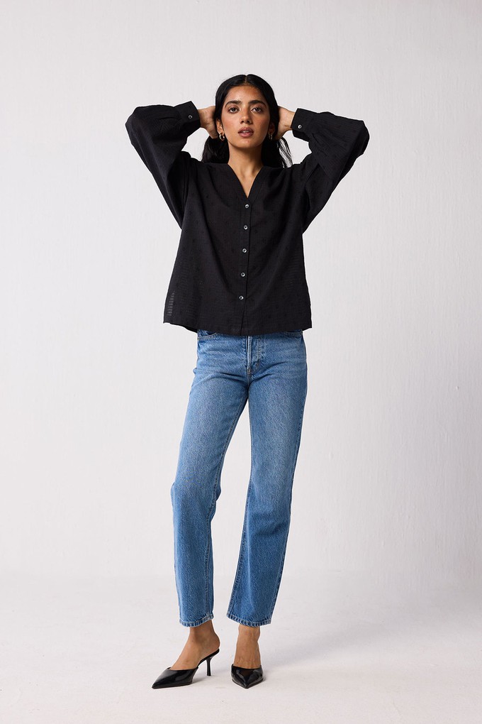 Embroidered Shirt with Long Balloon Sleeves in Black from Reistor