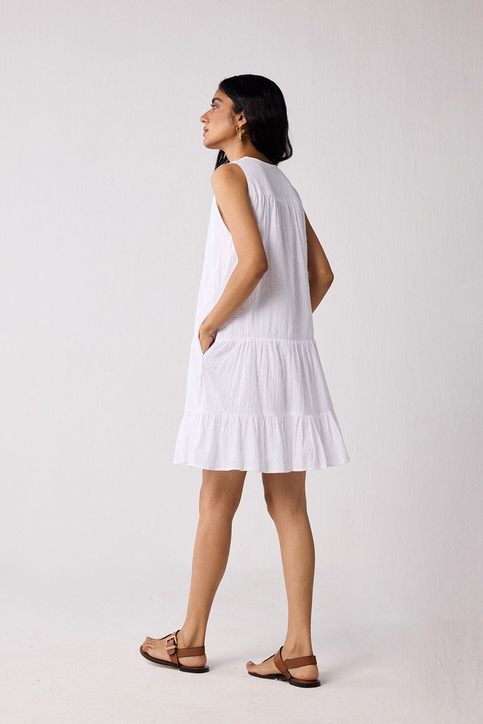 Embroidered Everyday Sleeveless Short Tiered Dress in White from Reistor