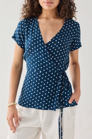 Wrap-Around Top in Navy Blue Polka from Reistor
