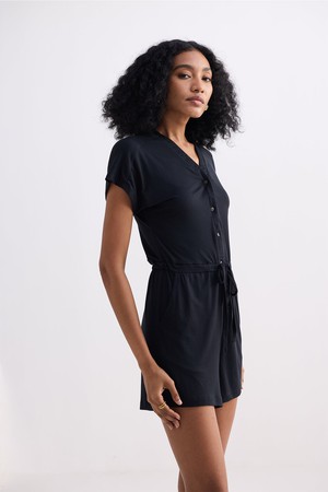 V neck Drawstring Knit Romper in Black from Reistor