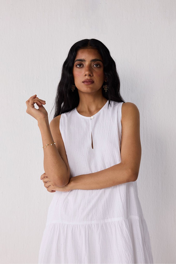 Embroidered Everyday Sleeveless Short Tiered Dress in White from Reistor