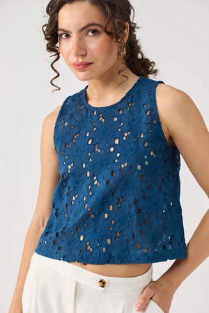 The Embroidered Button Back Top in Blue from Reistor