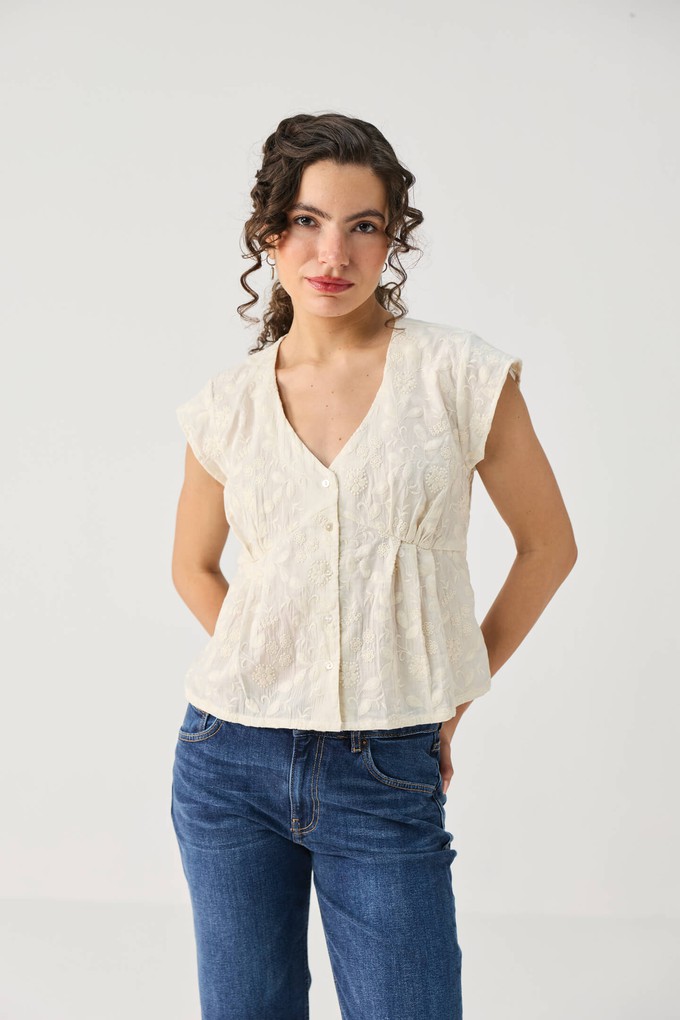 Embroidered Deep V Neck Top in Cream from Reistor