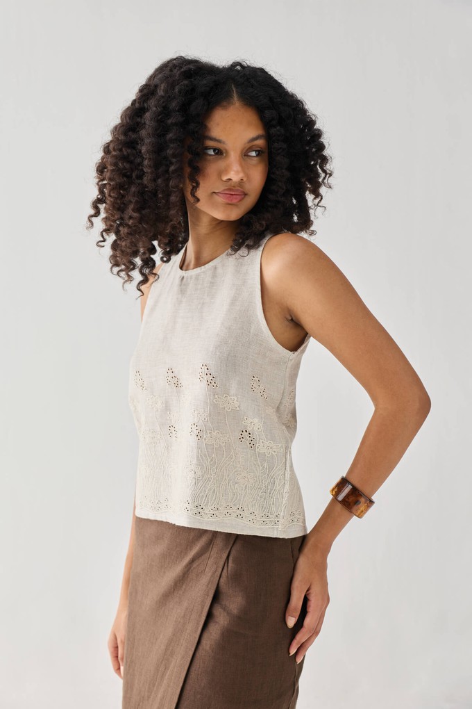 The Embroidered Button Back Top in Checkered Linen from Reistor