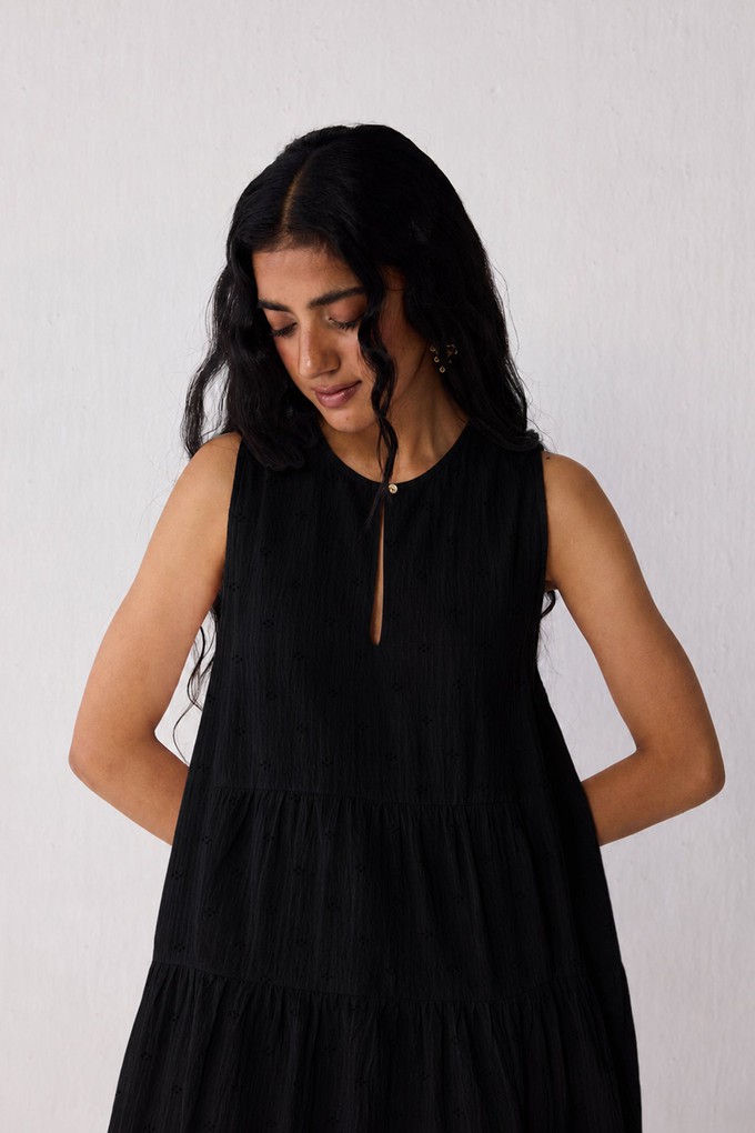 Embroidered Everyday Sleeveless Short Tiered Dress in Black from Reistor