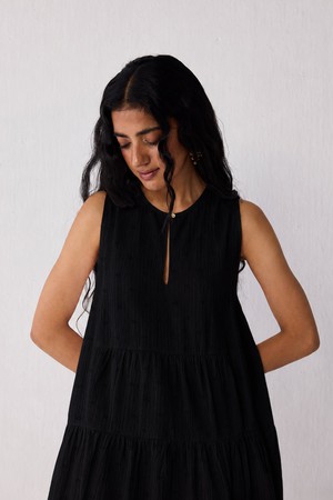 Embroidered Everyday Sleeveless Short Tiered Dress in Black from Reistor