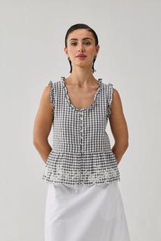 Embroidered Peplum Top in Grey Check via Reistor