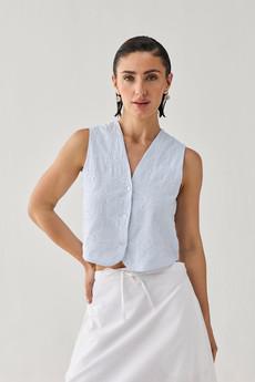 Embroidered Sleeveless Vest Top in Blue Stripe via Reistor