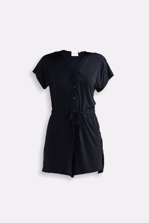 V neck Drawstring Knit Romper in Black from Reistor