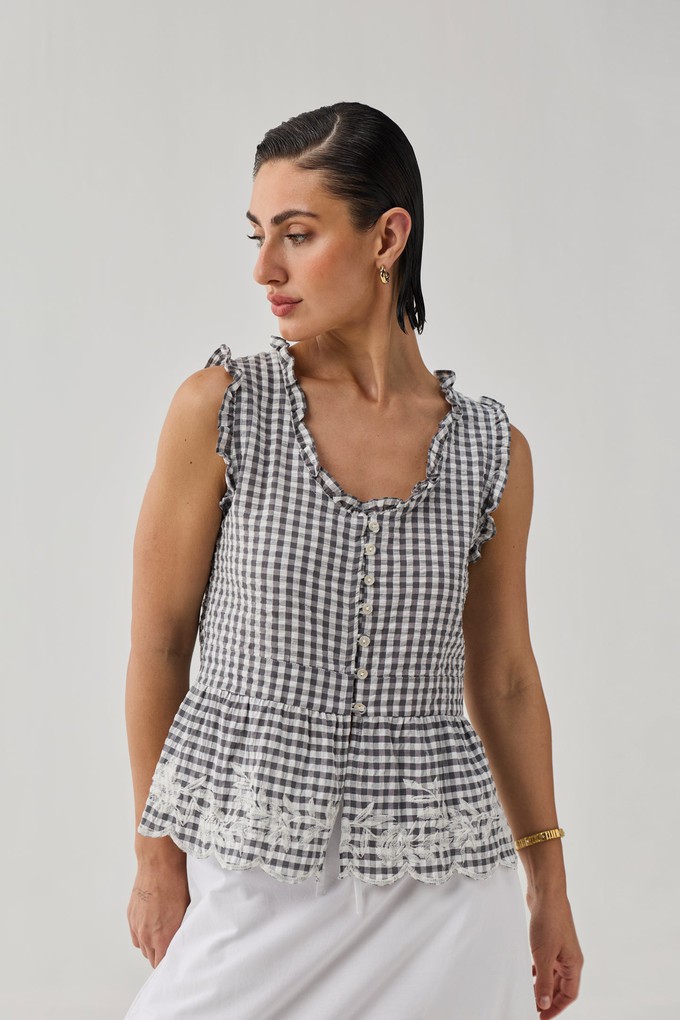 Embroidered Peplum Top in Grey Check from Reistor