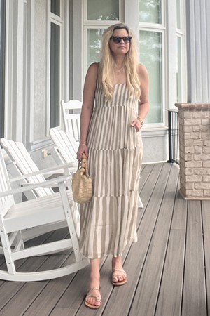 Strappy Tiered Maxi Dress in Beige Stripes from Reistor