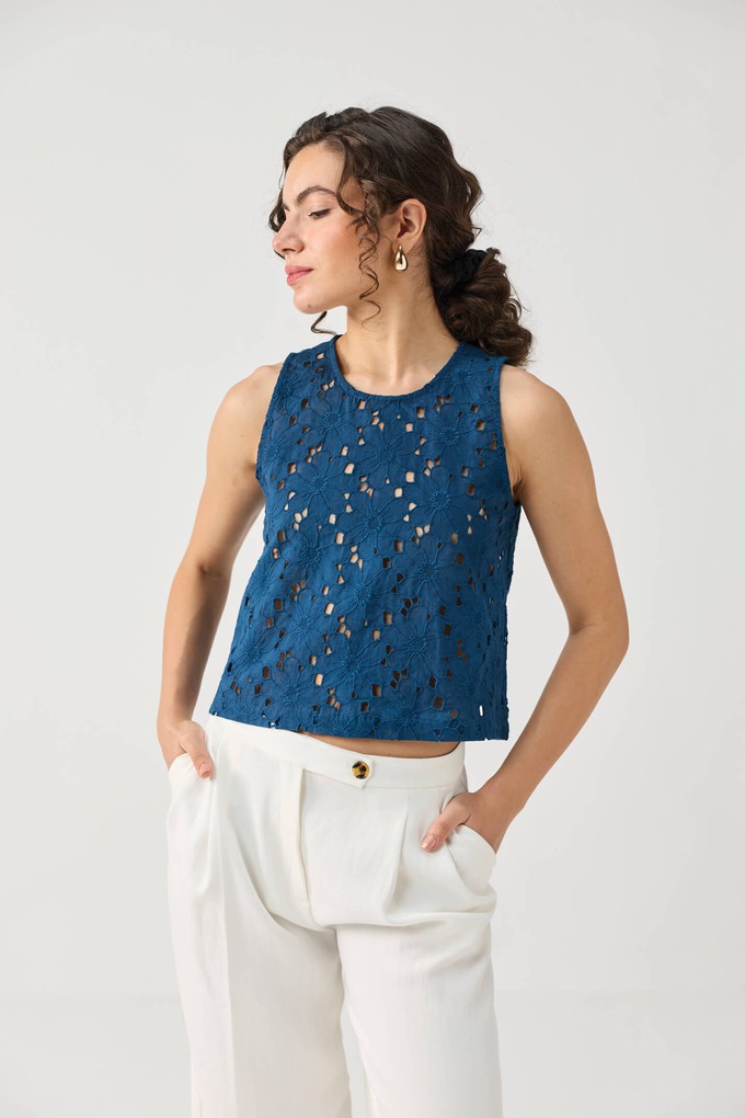 The Embroidered Button Back Top in Blue from Reistor