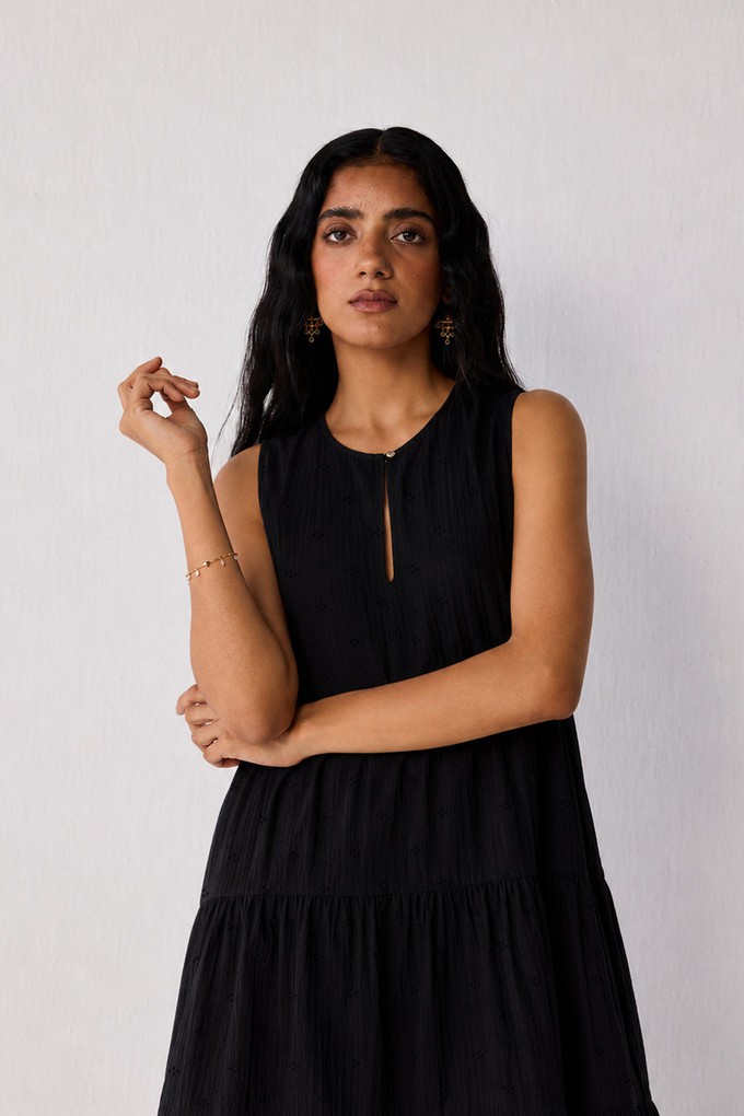 Embroidered Everyday Sleeveless Short Tiered Dress in Black from Reistor