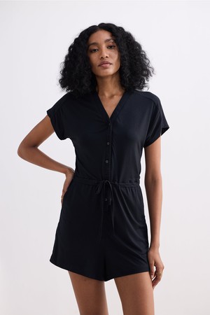V neck Drawstring Knit Romper in Black from Reistor