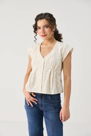 Embroidered Deep V Neck Top in Cream from Reistor