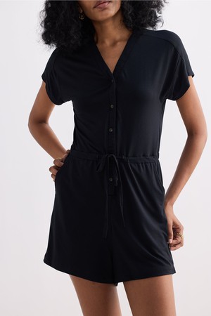 V neck Drawstring Knit Romper in Black from Reistor