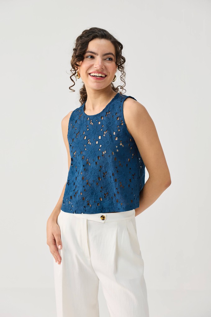 The Embroidered Button Back Top in Blue from Reistor