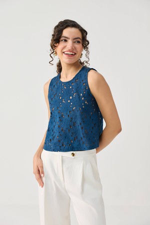 The Embroidered Button Back Top in Blue from Reistor
