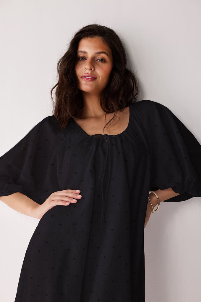 Puff Sleeved Dress with Drawstring Neckline in Black from Reistor
