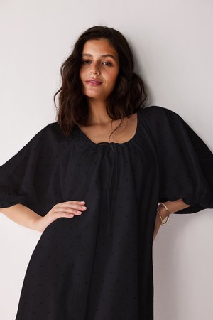 Puff Sleeved Dress with Drawstring Neckline in Black from Reistor