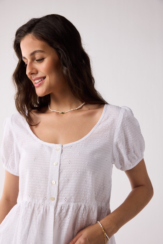 Embroidered Peplum Top with Puff Sleeves in White from Reistor