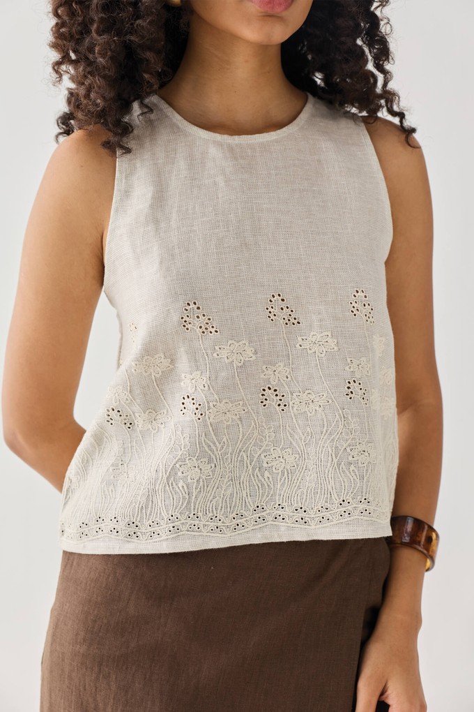 The Embroidered Button Back Top in Checkered Linen from Reistor