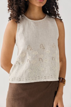 The Embroidered Button Back Top in Checkered Linen from Reistor