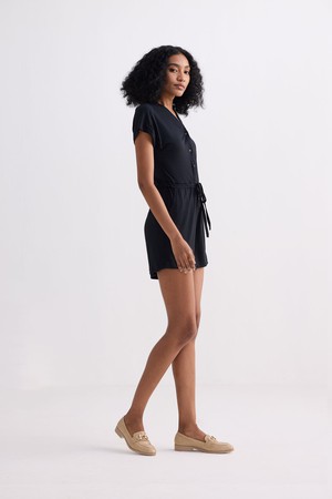V neck Drawstring Knit Romper in Black from Reistor