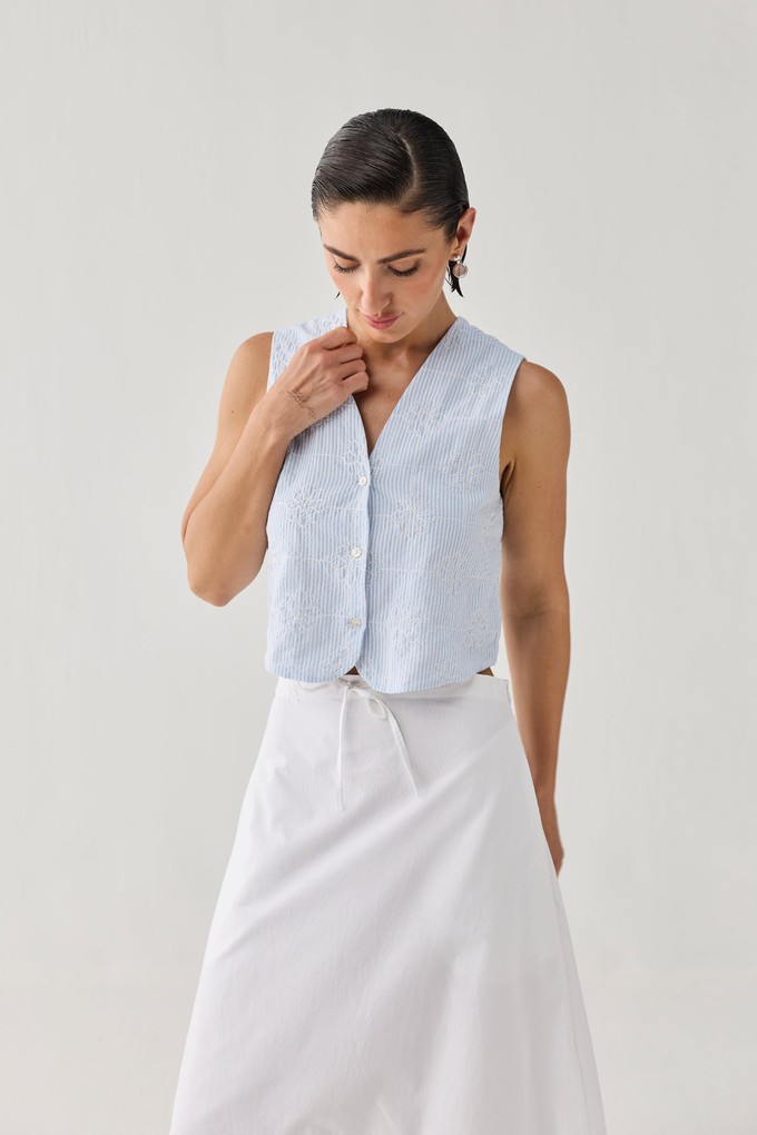Embroidered Sleeveless Vest Top in Blue Stripe from Reistor