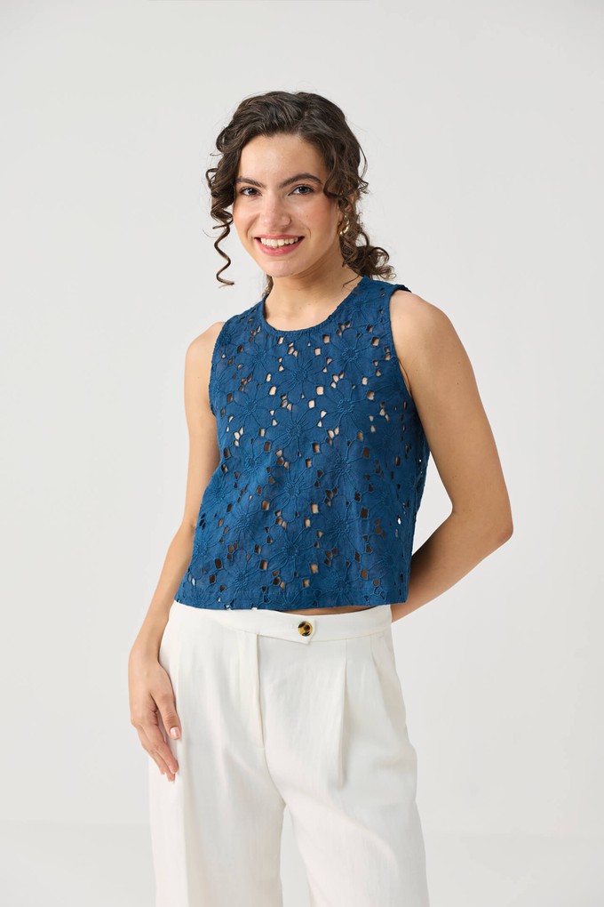 The Embroidered Button Back Top in Blue from Reistor