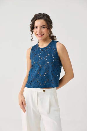 The Embroidered Button Back Top in Blue from Reistor