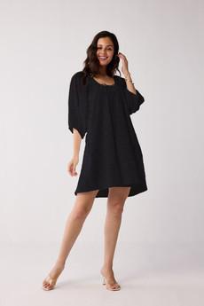 Puff Sleeved Dress with Drawstring Neckline in Black via Reistor