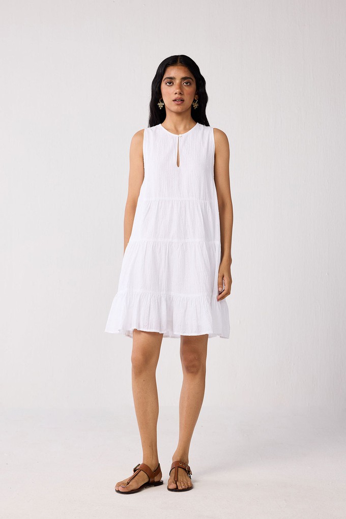 Embroidered Everyday Sleeveless Short Tiered Dress in White from Reistor