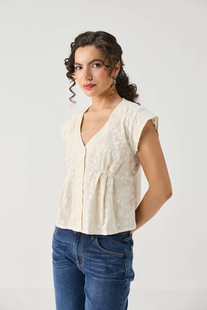 Embroidered Deep V Neck Top in Cream from Reistor
